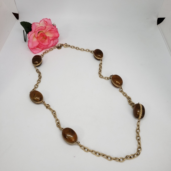 Baskin Brothers Brown Lucite Bead Statement Necklace 34" Long Gold Tone Chain - Picture 4 of 9